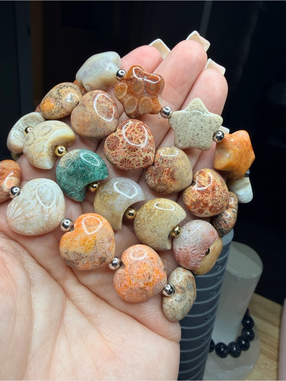 Coral Jade bracelets in hearts, moons, or stars